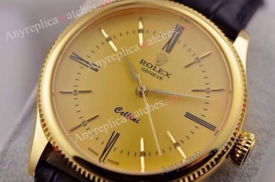 Replica Rolex Cellini Time Watch Gold Case Black Leather Strap